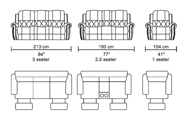 HR059 Husky Furniture Hunter Reclining Sofa Set front Dimentions