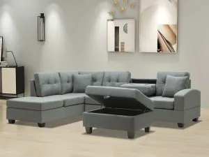 HS2300-Husky Furniture -Emma - Reversible Sectional -Sofa with Storage ottoman- Gray LH